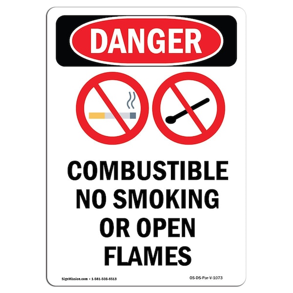 Safety Sign, OSHA Danger, 24" Height, Aluminum, Combustible No Smoking, Portrait